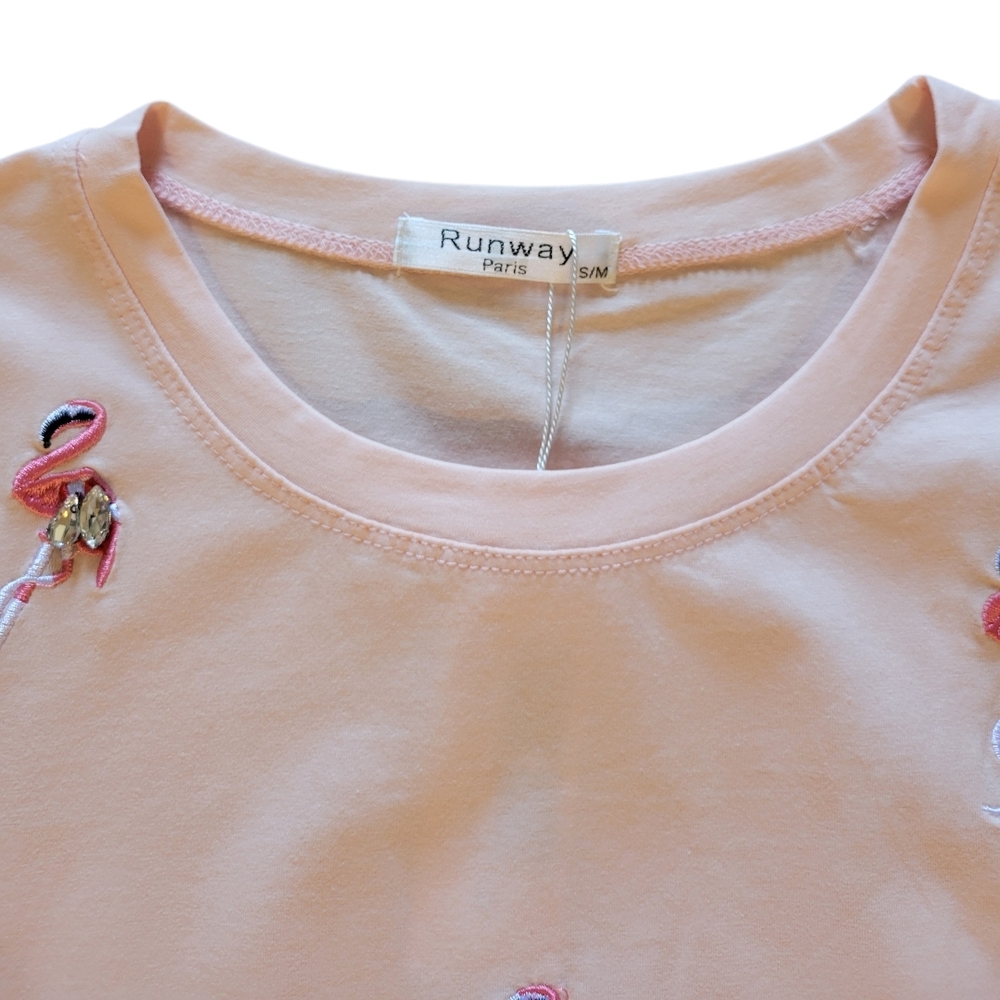Women’s Short Sleeve Pink Flamingo Embroidered Tee - Picture 6 of 7